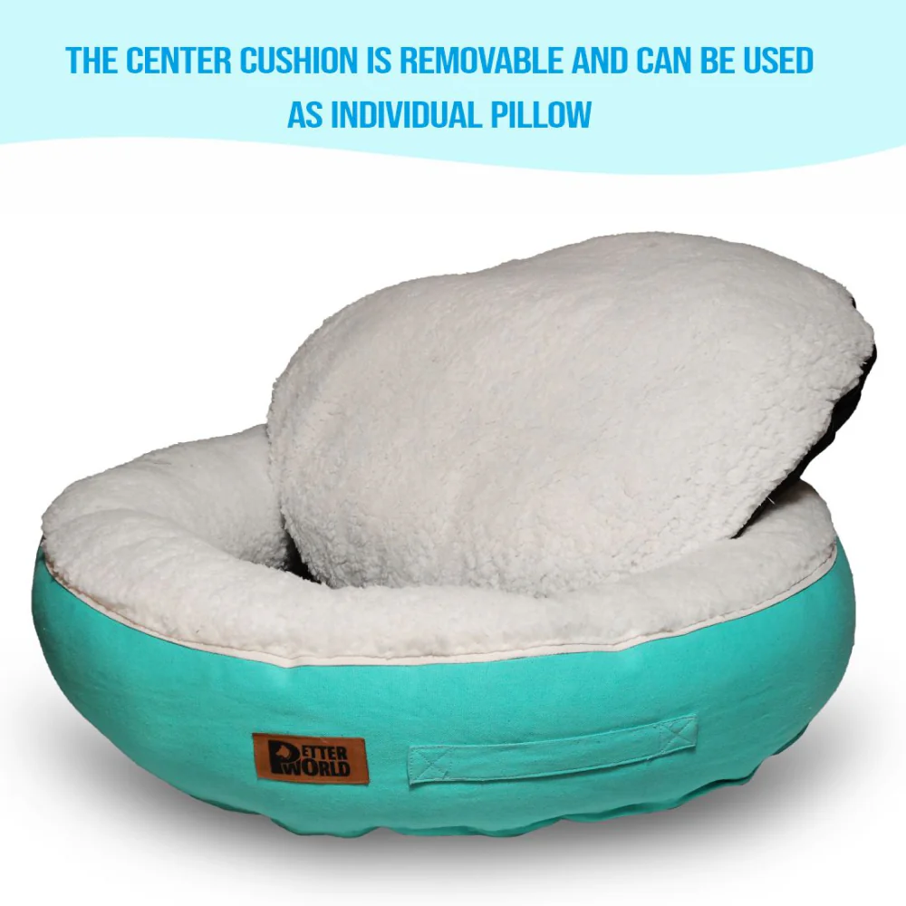 Petter World Ultra Luxury Cotton Canvas Donut Bed With Removable Sherpa Fur Cushion for Dogs (Turquoise) - Image 4
