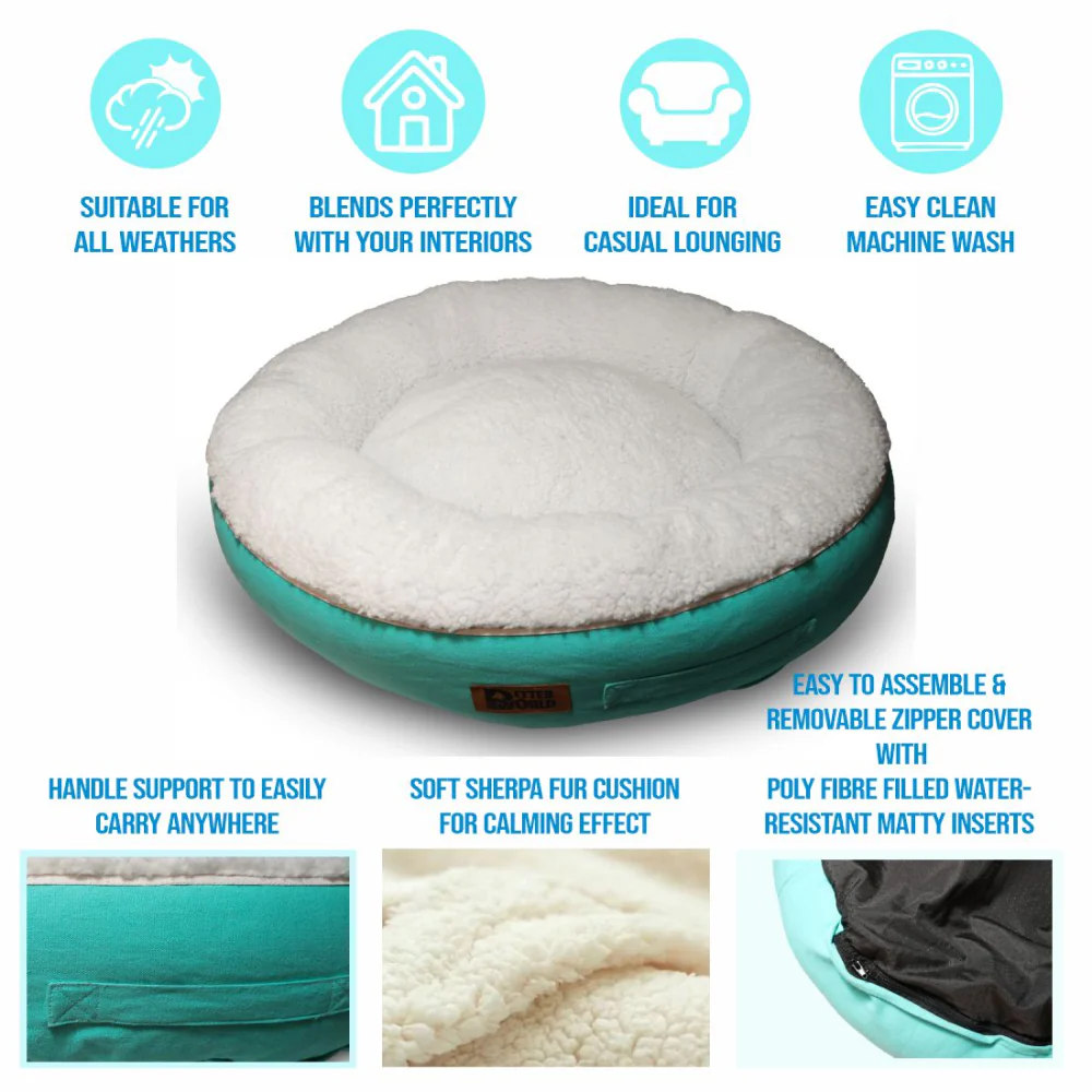 Petter World Ultra Luxury Cotton Canvas Donut Bed With Removable Sherpa Fur Cushion for Dogs (Turquoise) - Image 6