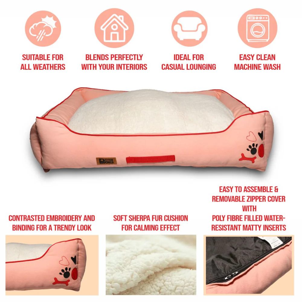 Petter World Ultra Luxury Cotton Canvas Lounger With Removable Sherpa Fur Cushion for Dogs (Peach Pearl) - Image 6