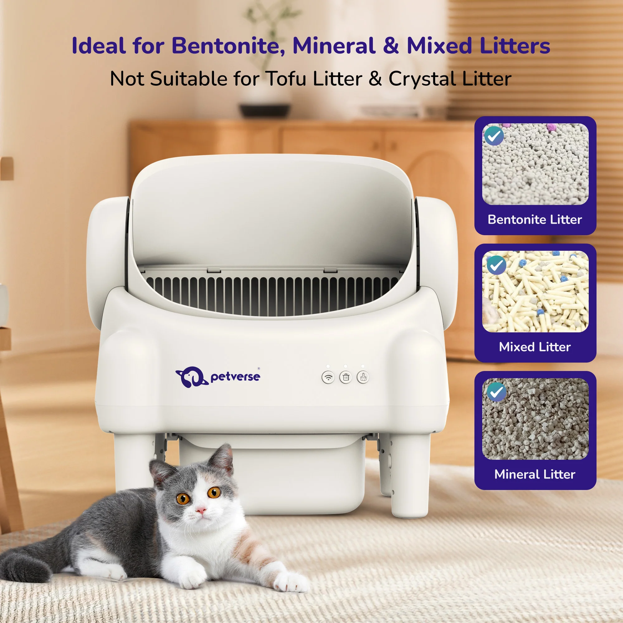 Petverse Automatic Open Top Self Cleaning Litter Box for Cats (White) - Image 2