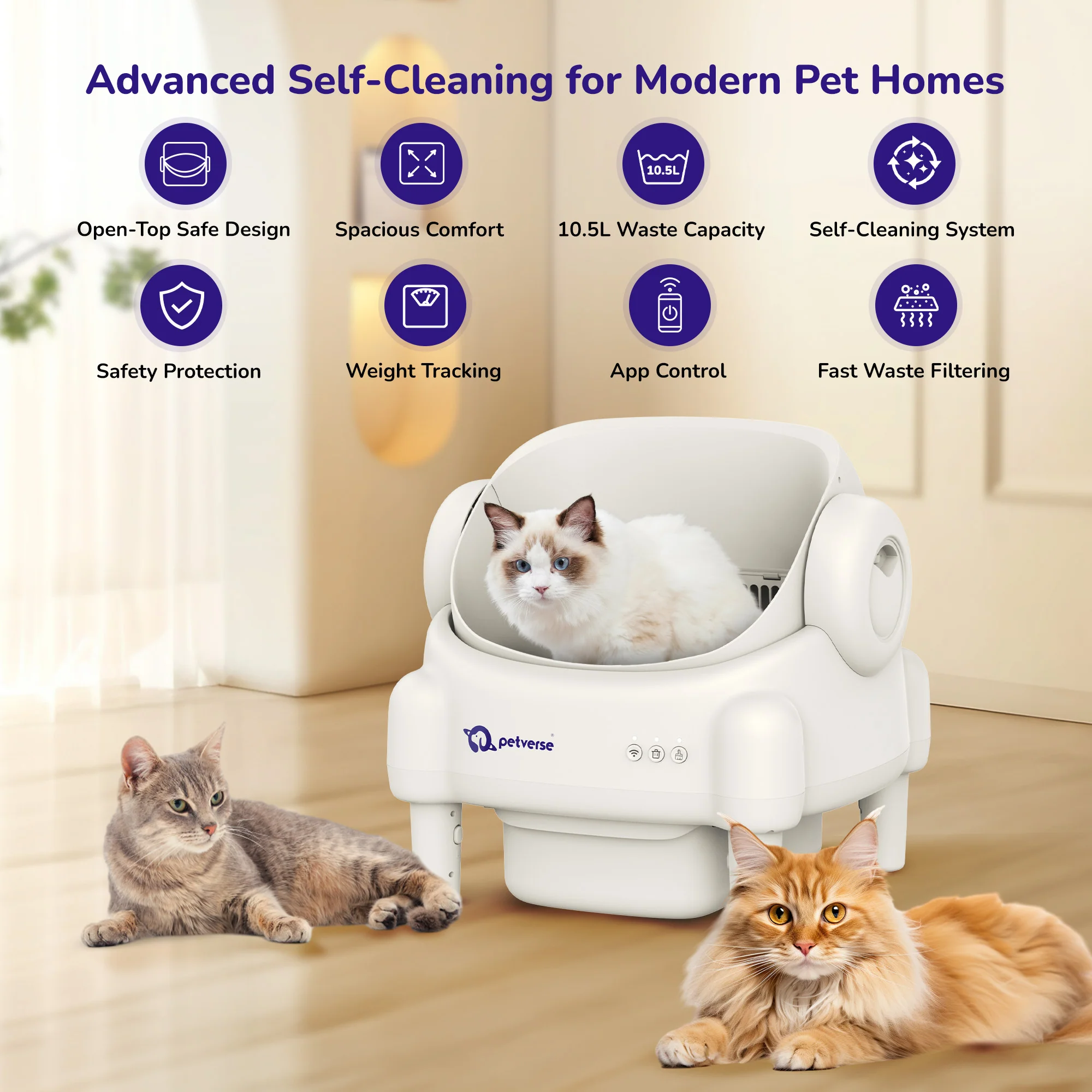Petverse Automatic Open Top Self Cleaning Litter Box for Cats (White) - Image 6