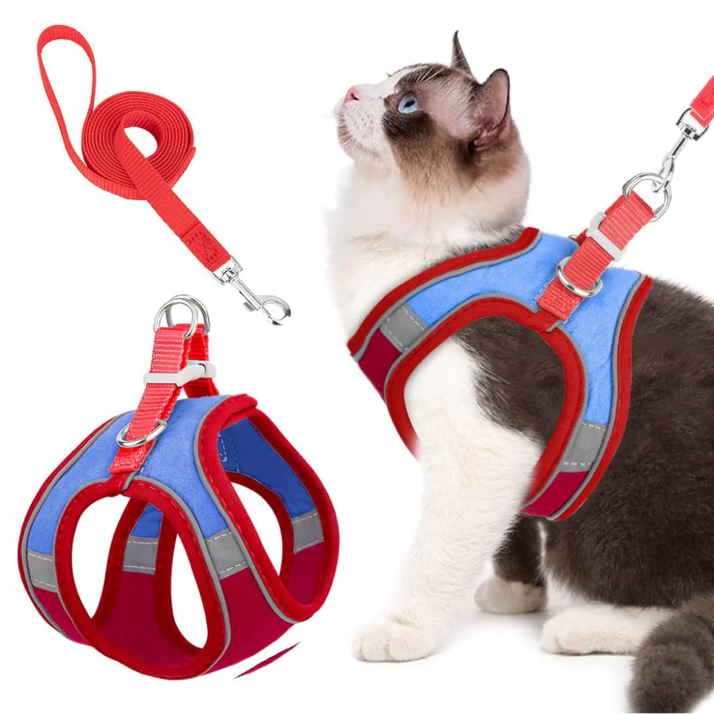 QPets Reflective Mesh Vest Harness with Leash for Cats (Blue/Red) - Image 2