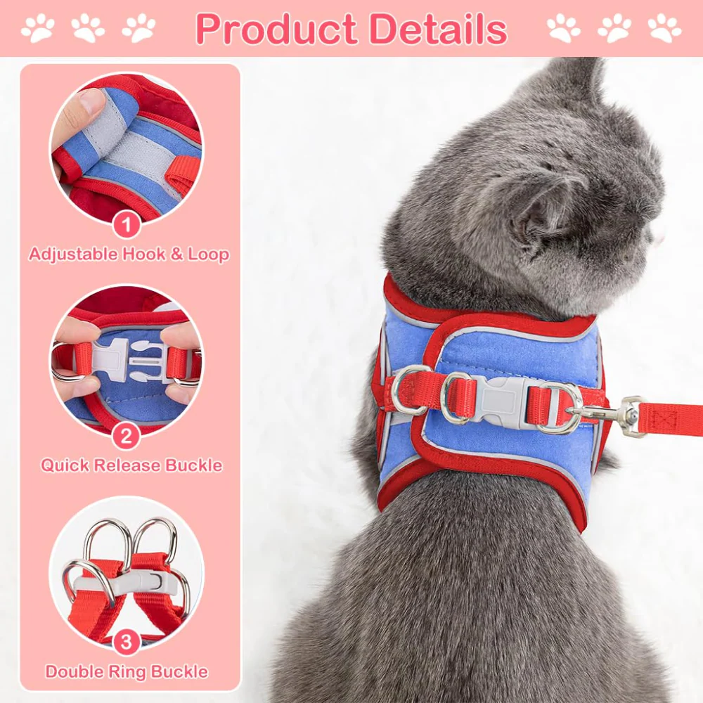 QPets Reflective Mesh Vest Harness with Leash for Cats (Blue/Red) - Image 5