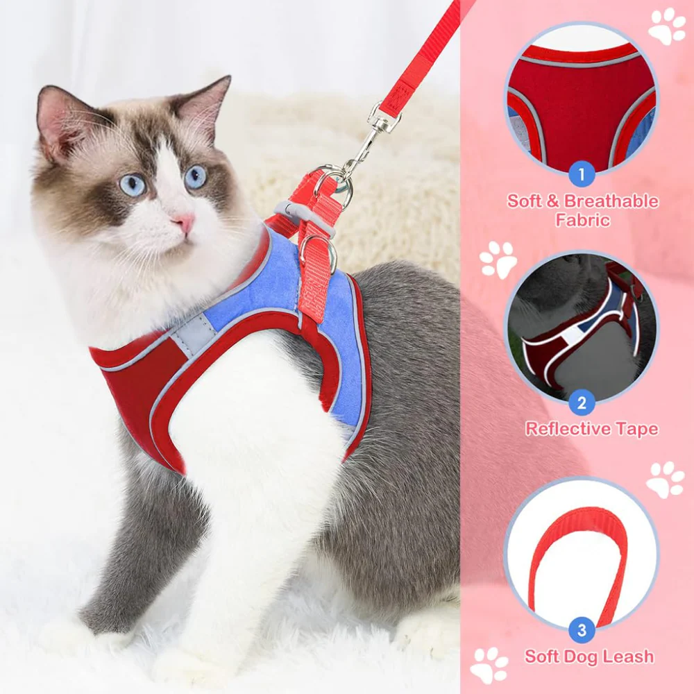 QPets Reflective Mesh Vest Harness with Leash for Cats (Blue/Red) - Image 6