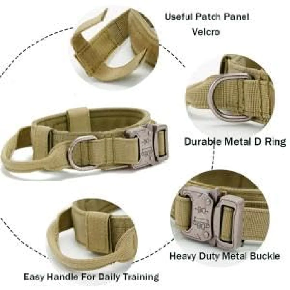 QPets Tactical Adjustable Nylon Collar with Handle for Dogs (Khaki) - Image 2