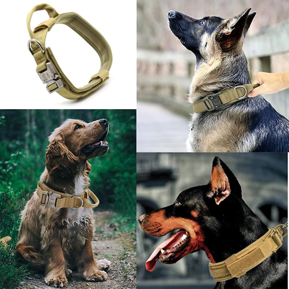 QPets Tactical Adjustable Nylon Collar with Handle for Dogs (Khaki) - Image 7