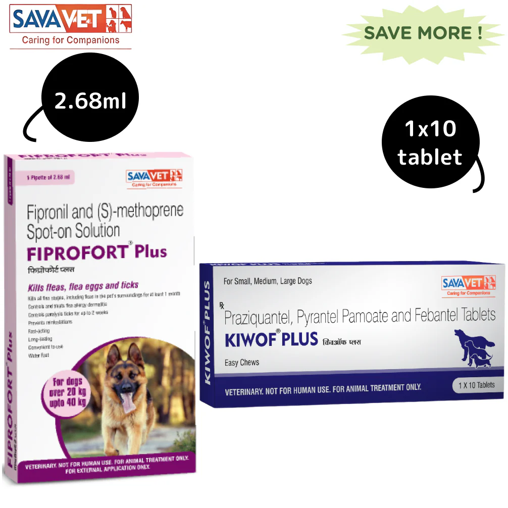 Savavet Kiwof Plus Dog Deworming Tablet (10 tablets) and Fiprofort Plus Tick & Flea Control Spot On for Dogs (20-40kg) Combo