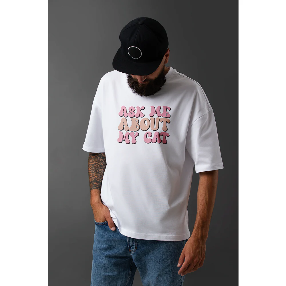 Seek Buy Love All About My Cats Unisex Oversized Tee (White) - Image 5