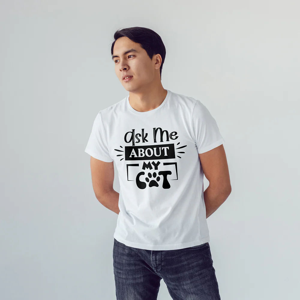 Seek Buy Love Ask Me About My Cat Unisex Tee (White) - Image 4