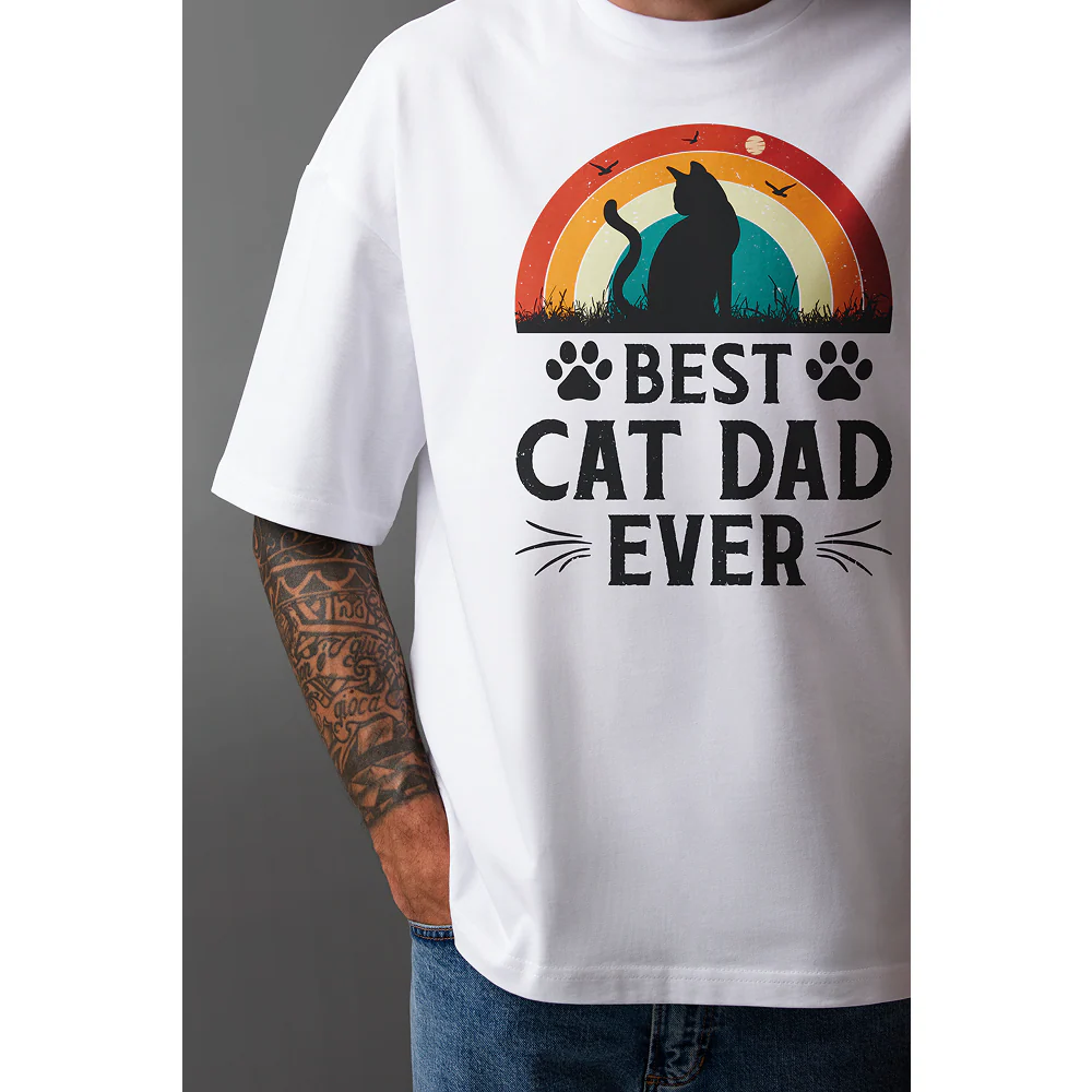 Seek Buy Love Best Cat Dad Ever Oversized Tshirt (White) - Image 3