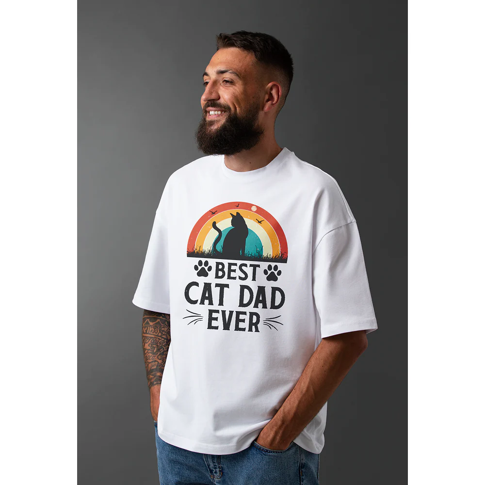 Seek Buy Love Best Cat Dad Ever Oversized Tshirt (White) - Image 4