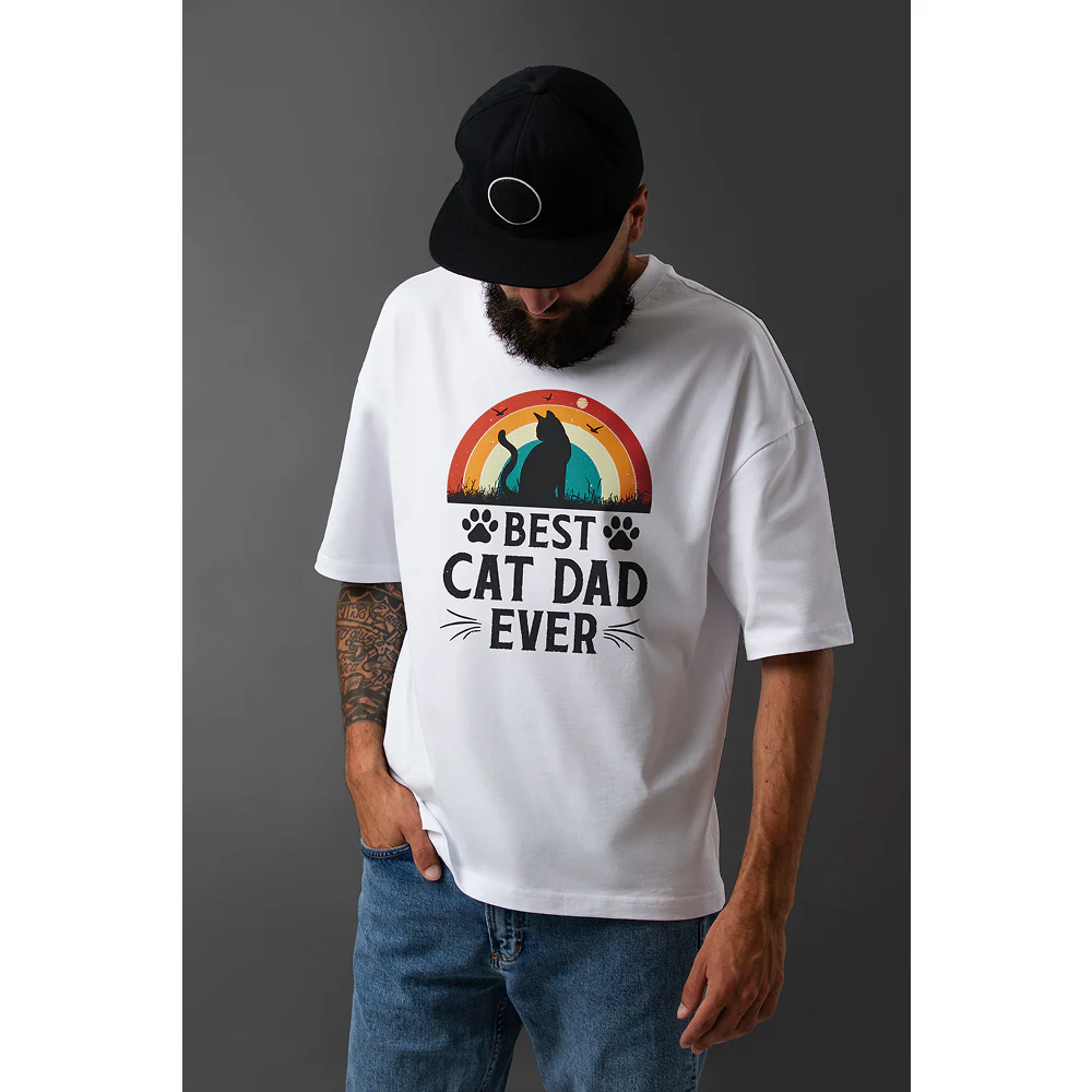 Seek Buy Love Best Cat Dad Ever Oversized Tshirt (White) - Image 5