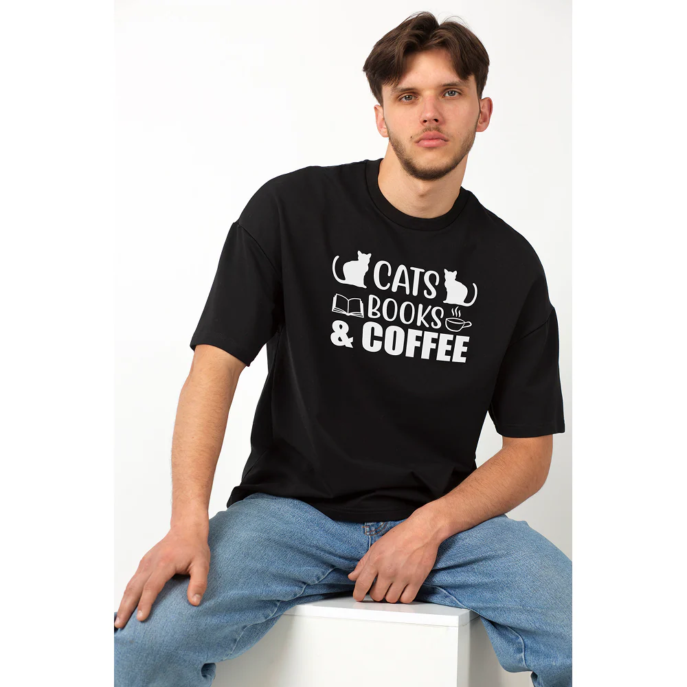 Seek Buy Love Cats Books Coffee Oversized Tee (Black) - Image 3