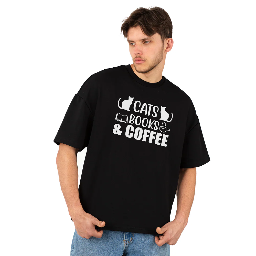 Seek Buy Love Cats Books Coffee Oversized Tee (Black) - Image 4