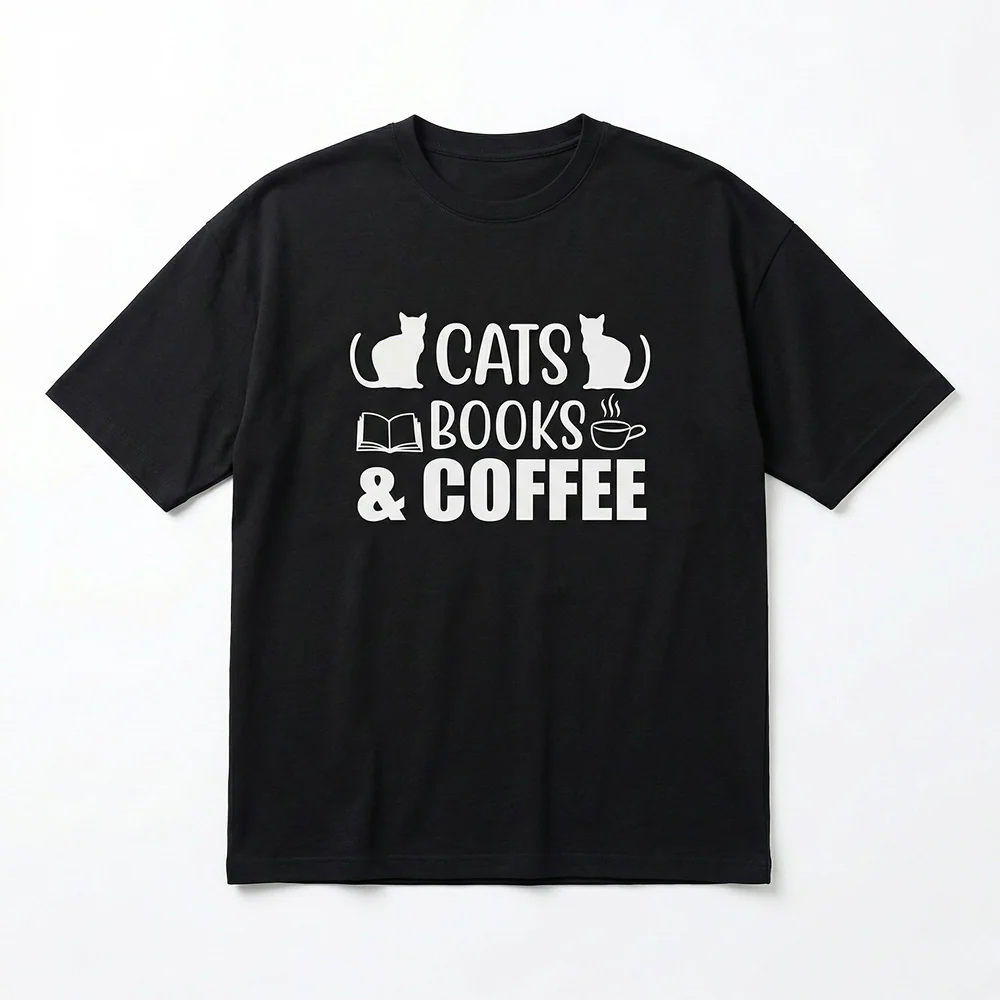 Seek Buy Love Cats Books Coffee Oversized Tee (Black) - Image 5