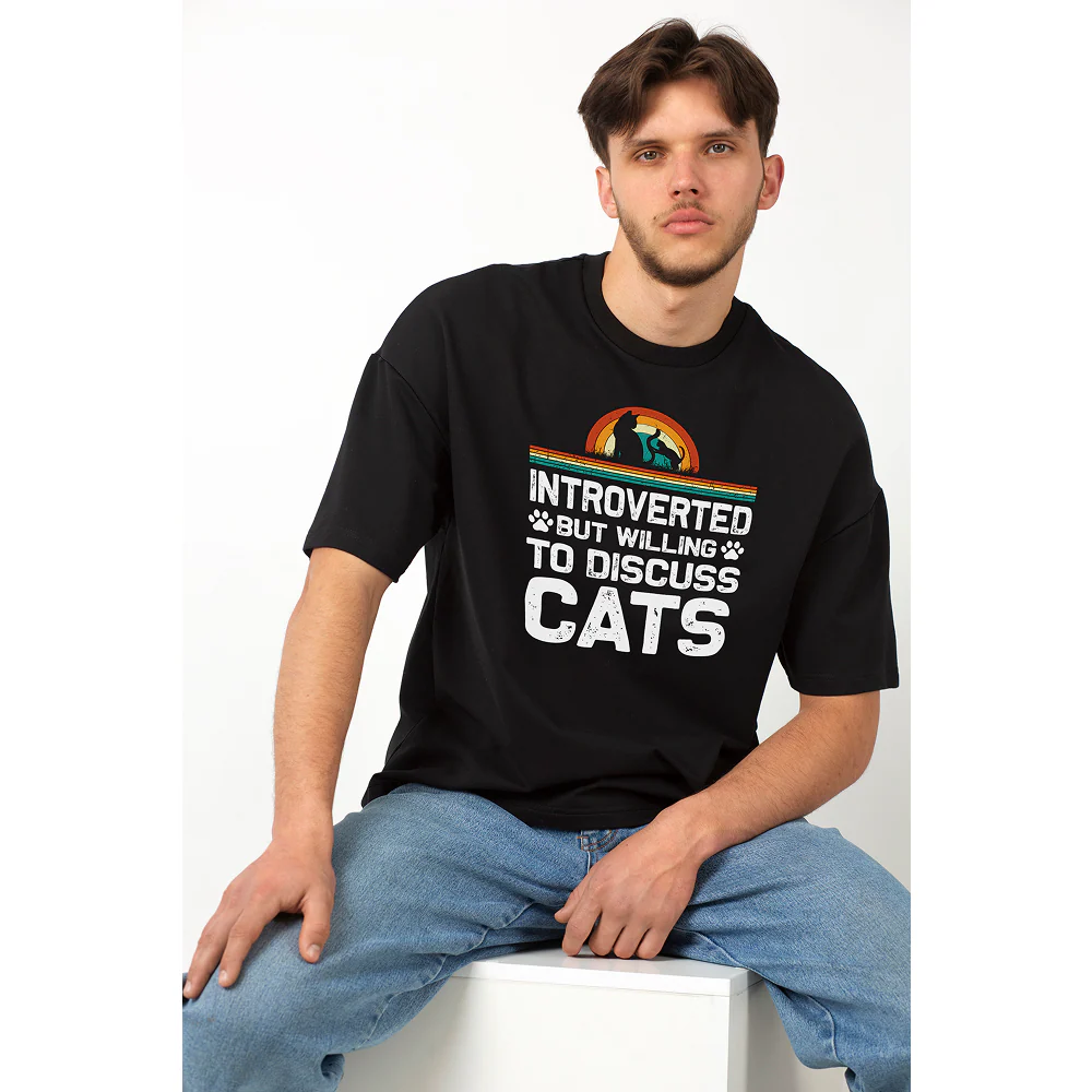 Seek Buy Love Introverted Cat Lover Oversized Tee (Black) - Image 3