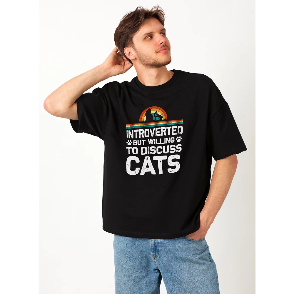 Seek Buy Love Introverted Cat Lover Oversized Tee (Black) - Image 4