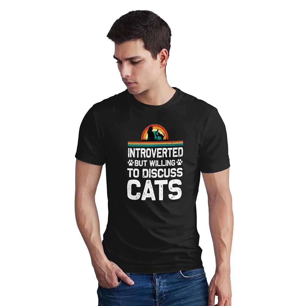Seek Buy Love Introverted Cat Lover Regular Tee (Black) - Image 3