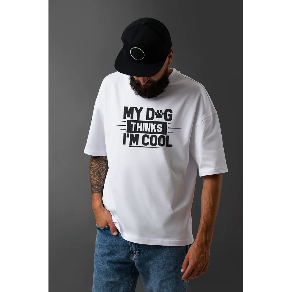 Seek Buy Love My Dog Thinks I'm Cool Oversized Tee (White) - Image 3