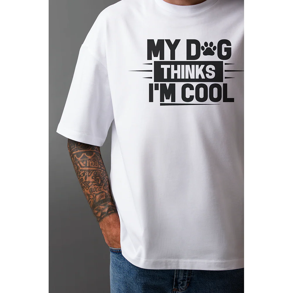 Seek Buy Love My Dog Thinks I'm Cool Oversized Tee (White) - Image 4