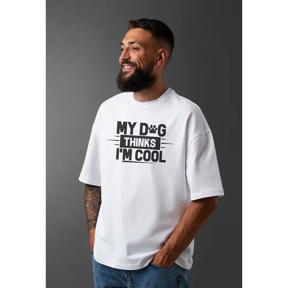 Seek Buy Love My Dog Thinks I'm Cool Oversized Tee (White) - Image 5