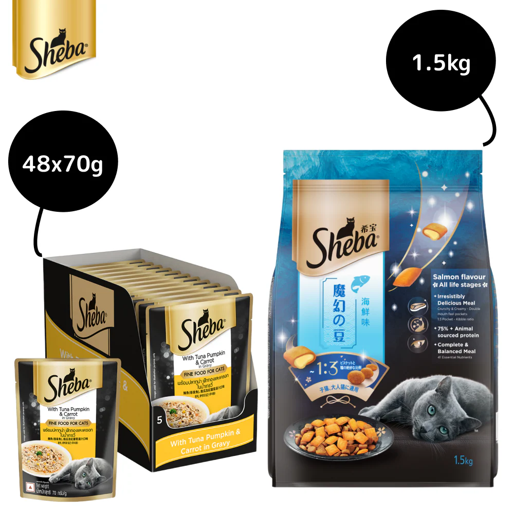 Sheba Tuna Pumpkin & Carrot In Gravy Rich Premium Adult Fine Cat Wet Food and Salmon Flavour Irresistible All Life Stages Cat Dry Food Combo - Image 2