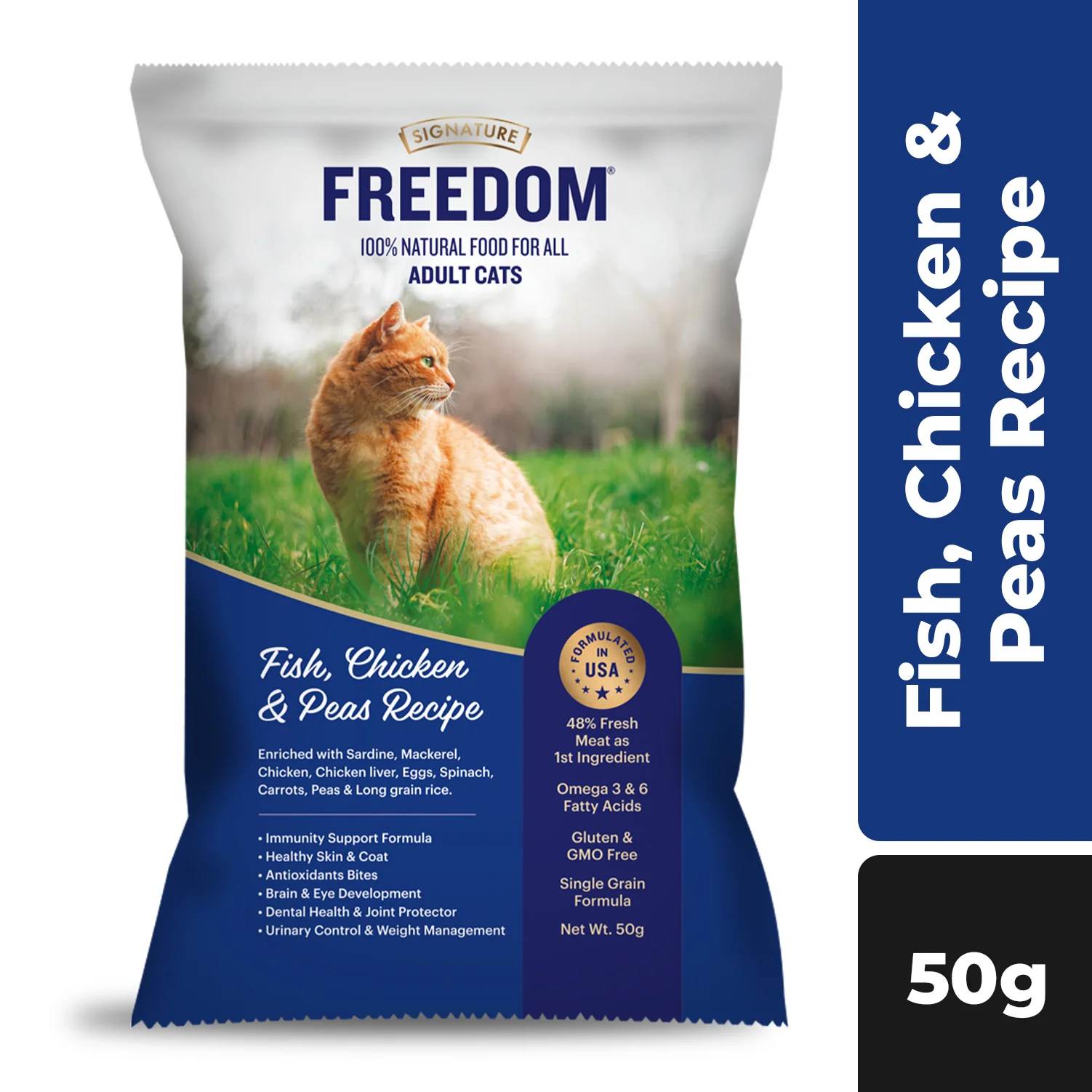 Signature Freedom Fish, Chicken and Peas Recipe Adult Cat Dry Food (50g) - Image 4