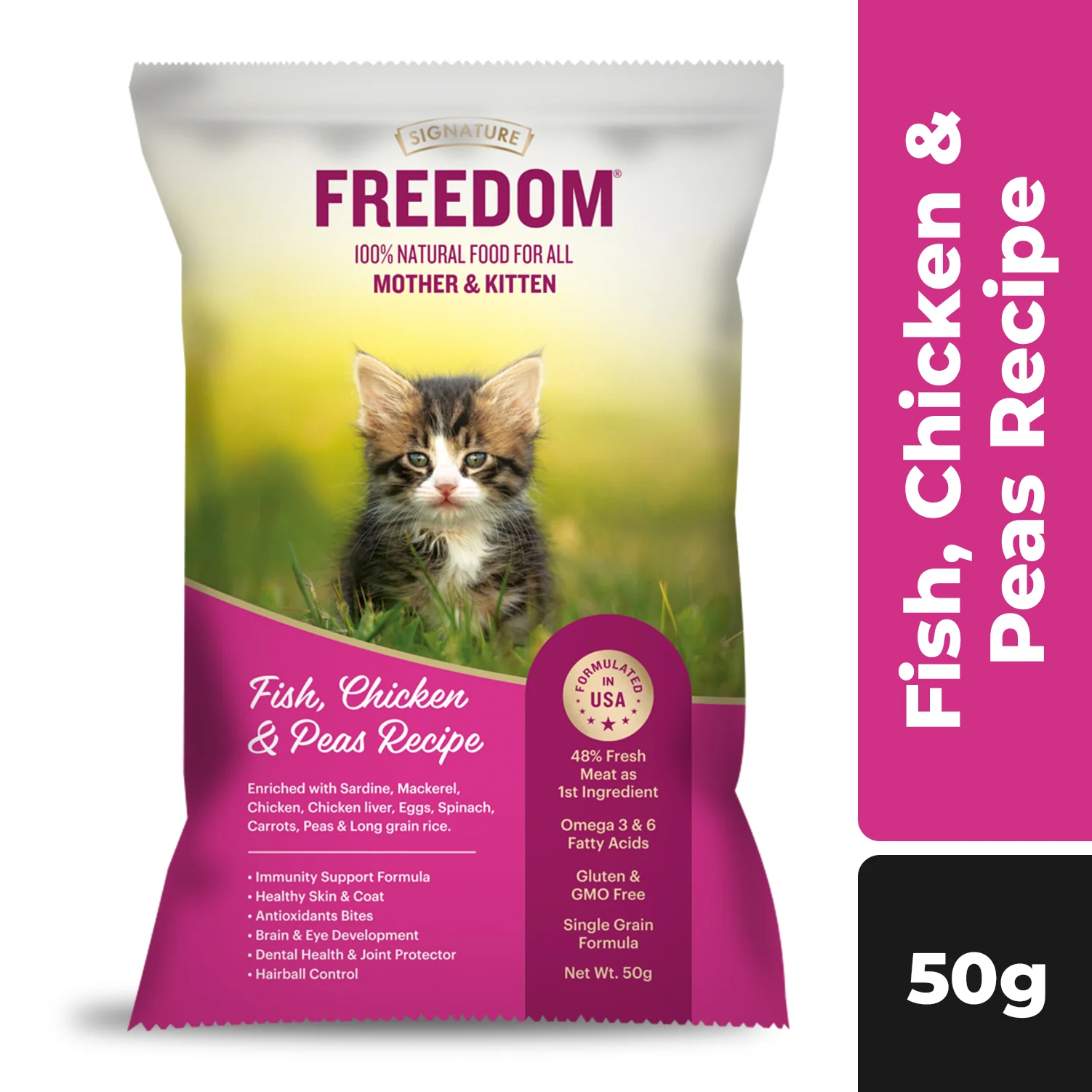 Signature Freedom Fish, Chicken and Peas Recipe Kitten Dry Cat Food (50g) - Image 4