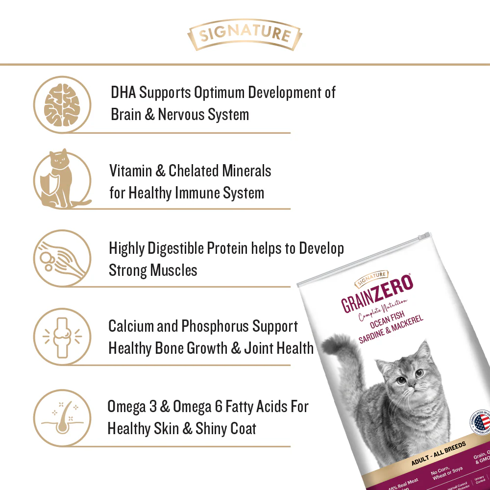 Signature Grain Zero Ocean Fish, Sardine and Mackerel Adult Cat Dry Food and Grain Zero Bonito and Scallop Lickable Creamy Treats for Cats Combo - Image 3