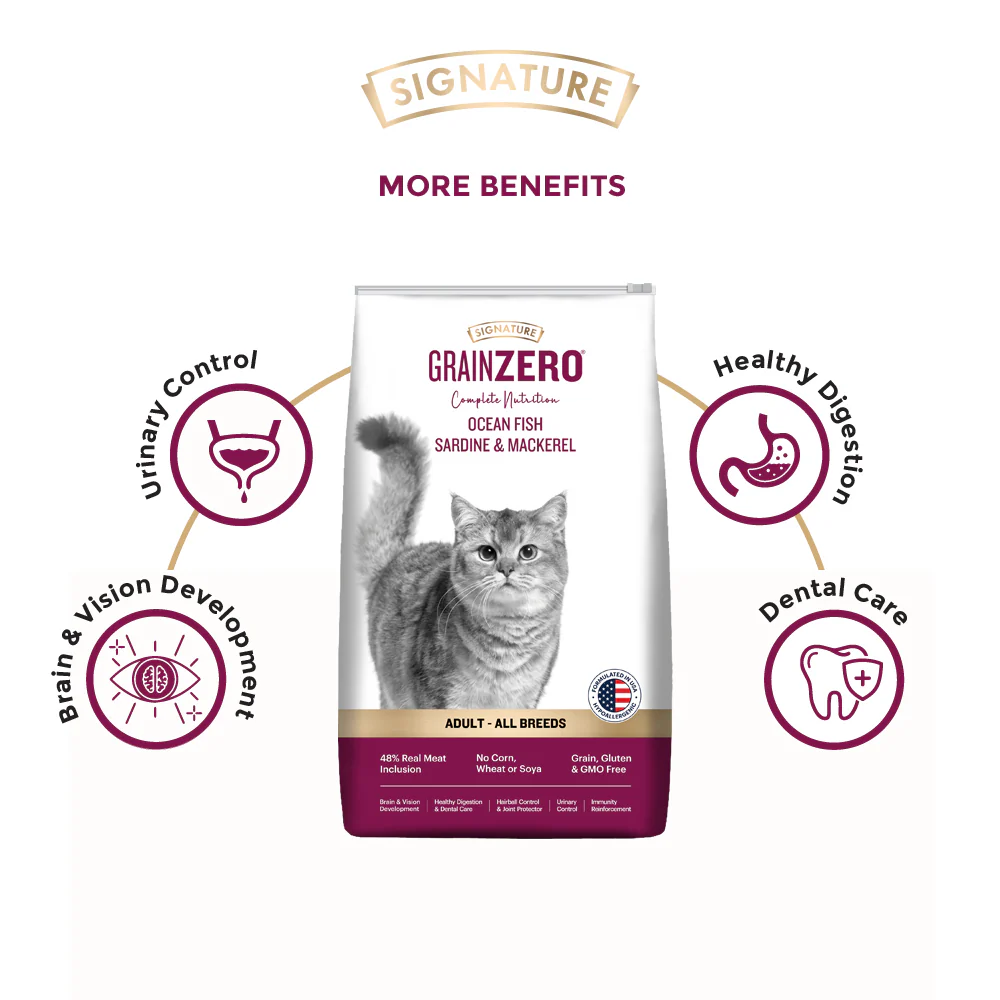 Signature Grain Zero Ocean Fish, Sardine and Mackerel Adult Cat Dry Food and Grain Zero Bonito and Scallop Lickable Creamy Treats for Cats Combo - Image 4