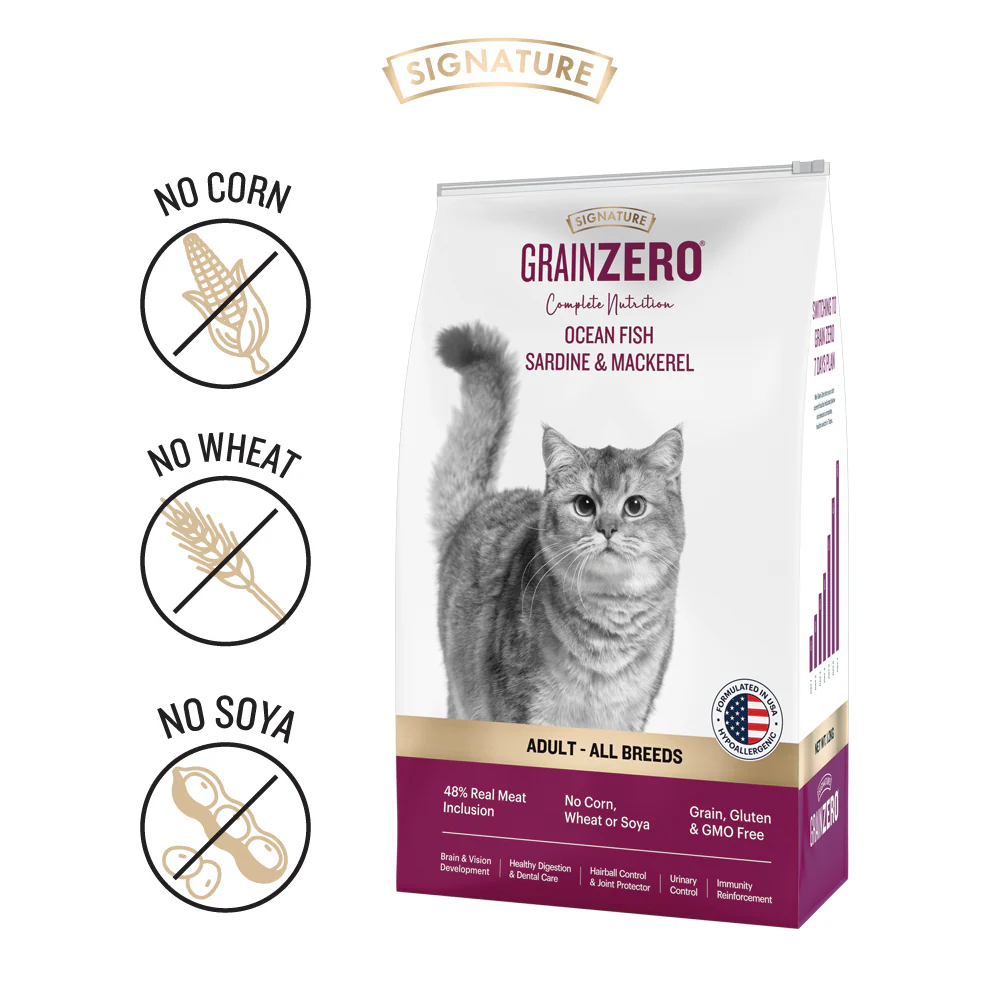 Signature Grain Zero Ocean Fish, Sardine and Mackerel Adult Cat Dry Food and Grain Zero Bonito and Scallop Lickable Creamy Treats for Cats Combo - Image 5