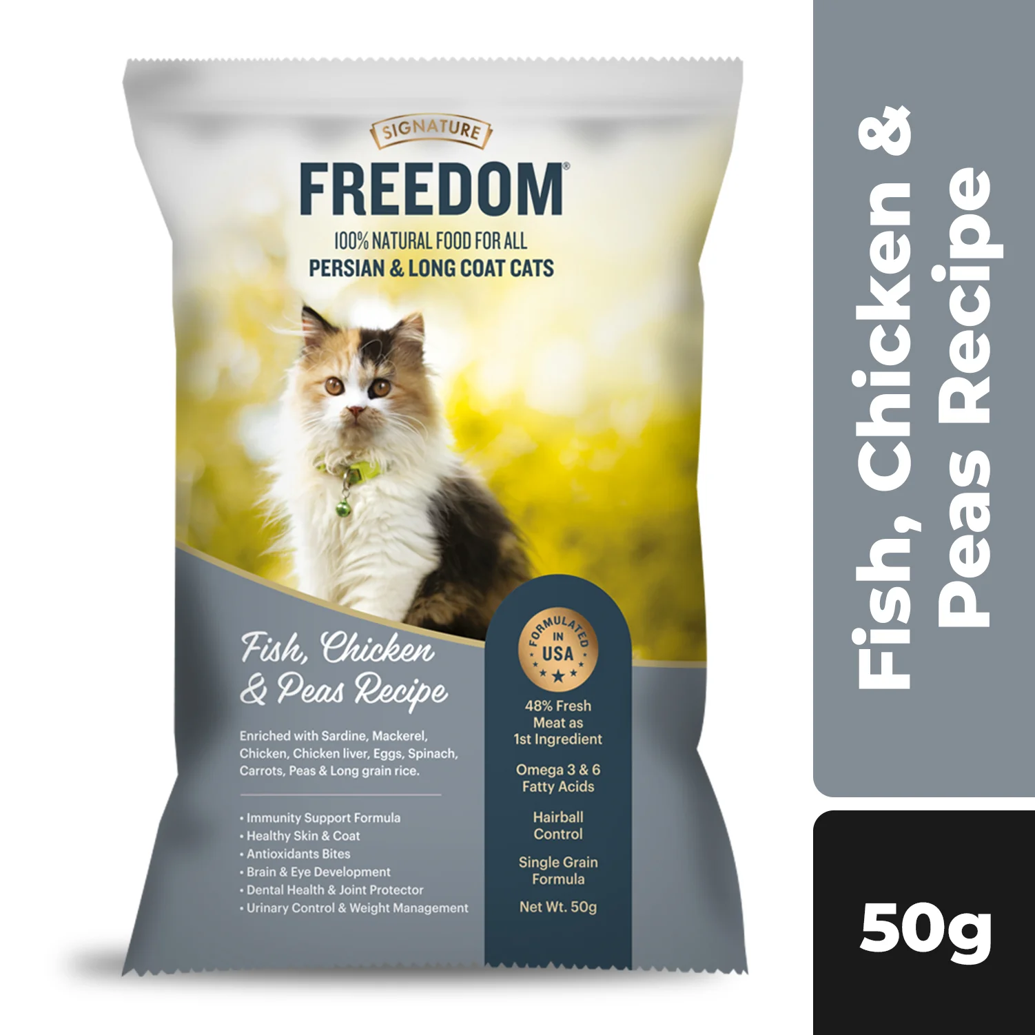 Signature Freedom Fish, Chicken and Peas Recipe Persian Cat Dry Food (50g) - Image 4