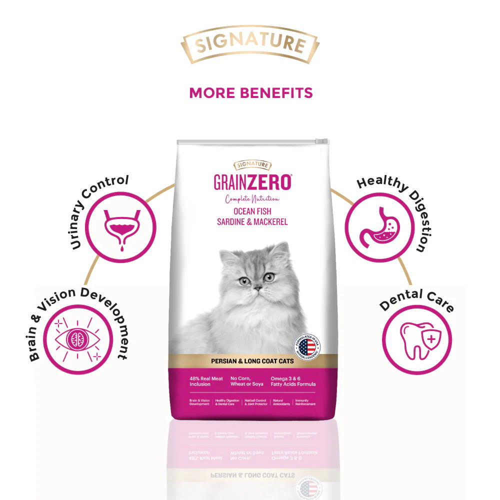 Signature Grain Zero Ocean Fish, Sardine and Mackerel Long Coat & Persian Cat Dry Food and  Grain Zero Tuna and Ocean Fish Lickable Creamy Cat Treats - Image 3