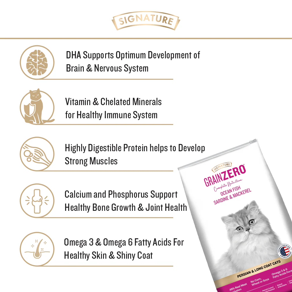 Signature Grain Zero Ocean Fish, Sardine and Mackerel Long Coat & Persian Cat Dry Food and  Grain Zero Tuna and Ocean Fish Lickable Creamy Cat Treats - Image 4