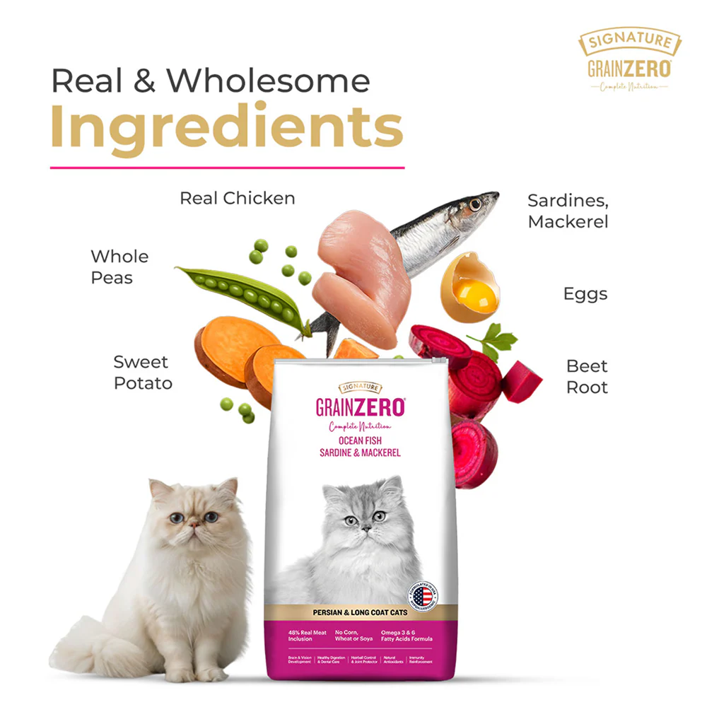 Signature Grain Zero Ocean Fish, Sardine and Mackerel Long Coat & Persian Adult Cat Dry Food - Image 7