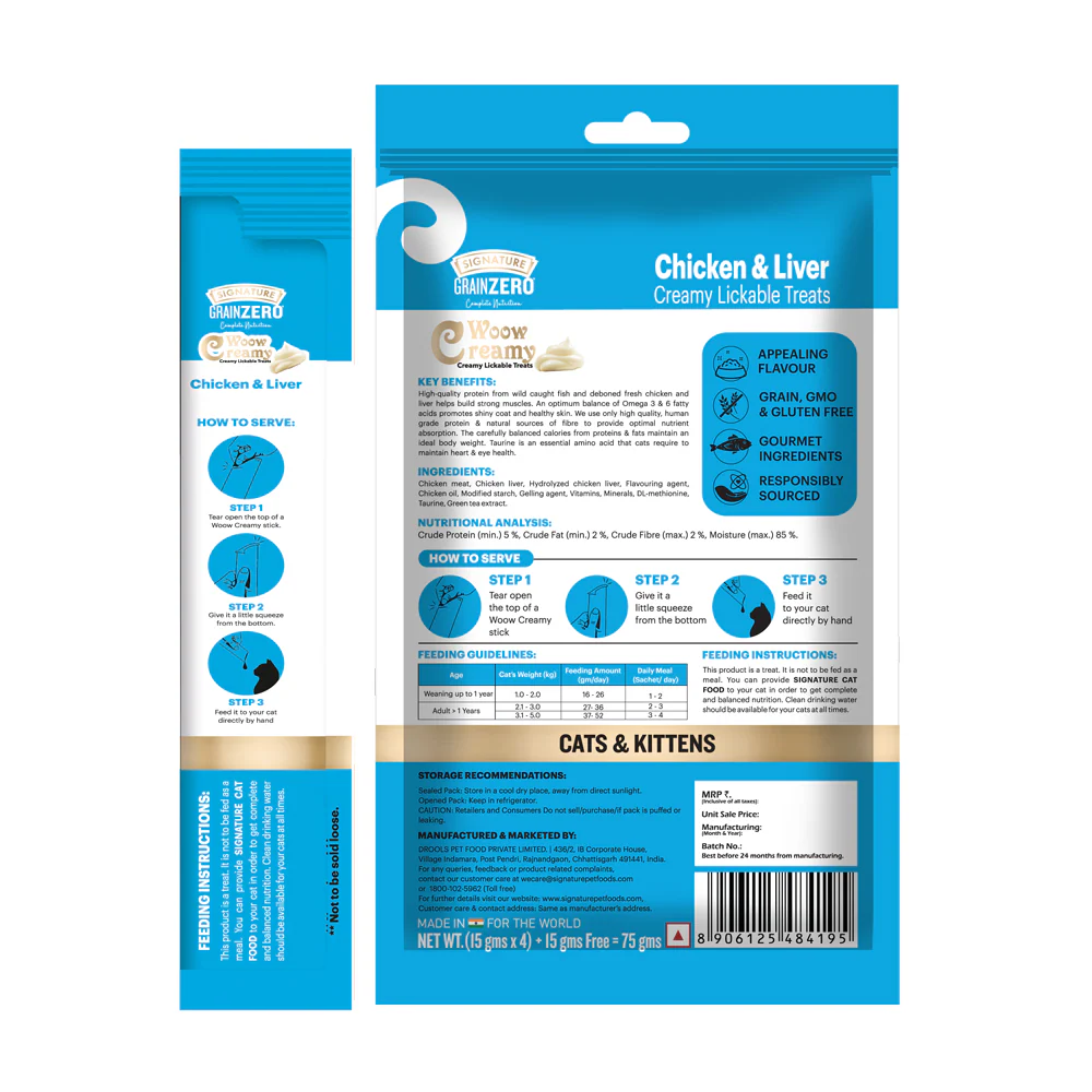 Signature Grain Zero Ocean Fish, Sardine and Mackerel Mother and Kitten Cat Dry Food and Grain Zero Chicken and Liver Lickable Creamy Cat Treats Combo - Image 11