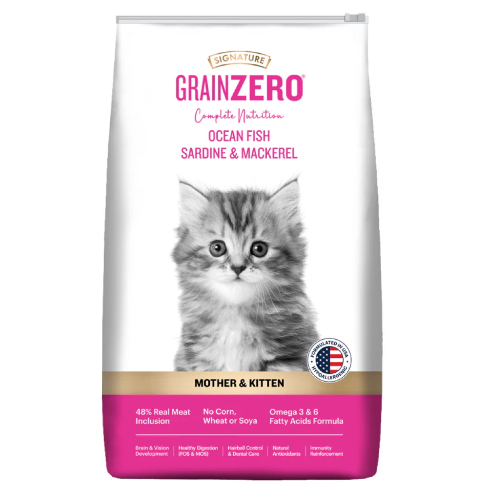 Signature Grain Zero Ocean Fish, Sardine and Mackerel Mother and Kitten Cat Dry Food and Grain Zero Chicken and Liver Lickable Creamy Cat Treats Combo - Image 2
