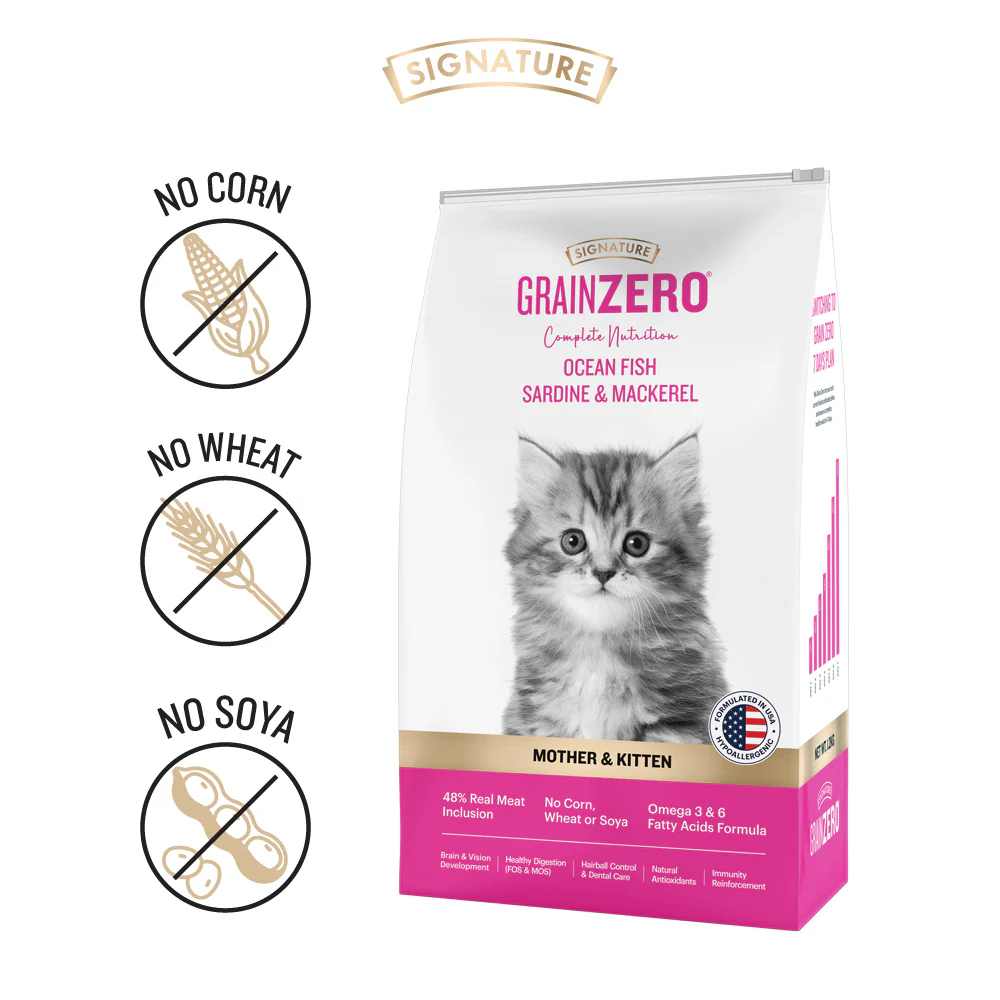 Signature Grain Zero Ocean Fish, Sardine and Mackerel Mother and Kitten Cat Dry Food and Grain Zero Chicken and Liver Lickable Creamy Cat Treats Combo - Image 4