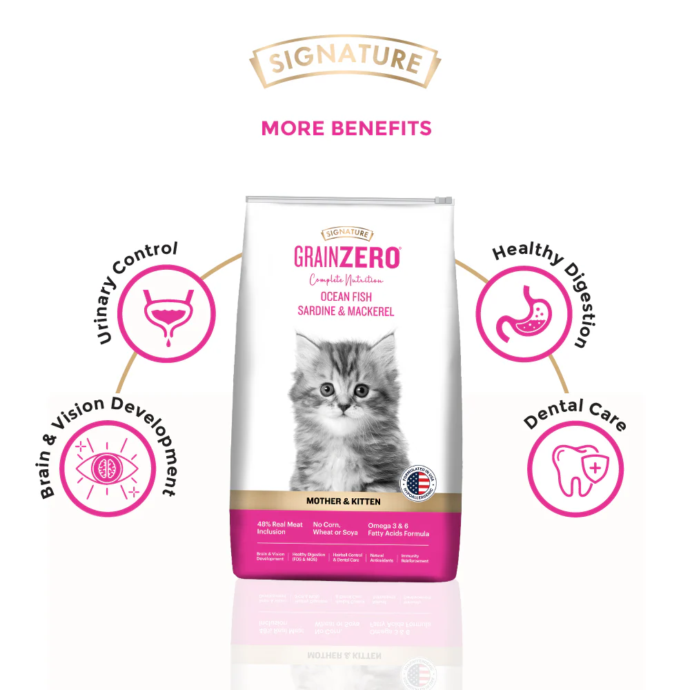 Signature Grain Zero Ocean Fish, Sardine and Mackerel Mother and Kitten Cat Dry Food and Grain Zero Chicken and Liver Lickable Creamy Cat Treats Combo - Image 6