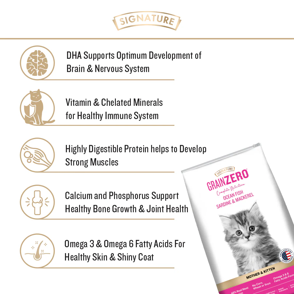 Signature Grain Zero Ocean Fish, Sardine and Mackerel Mother and Kitten Cat Dry Food and Grain Zero Chicken and Liver Lickable Creamy Cat Treats Combo - Image 7