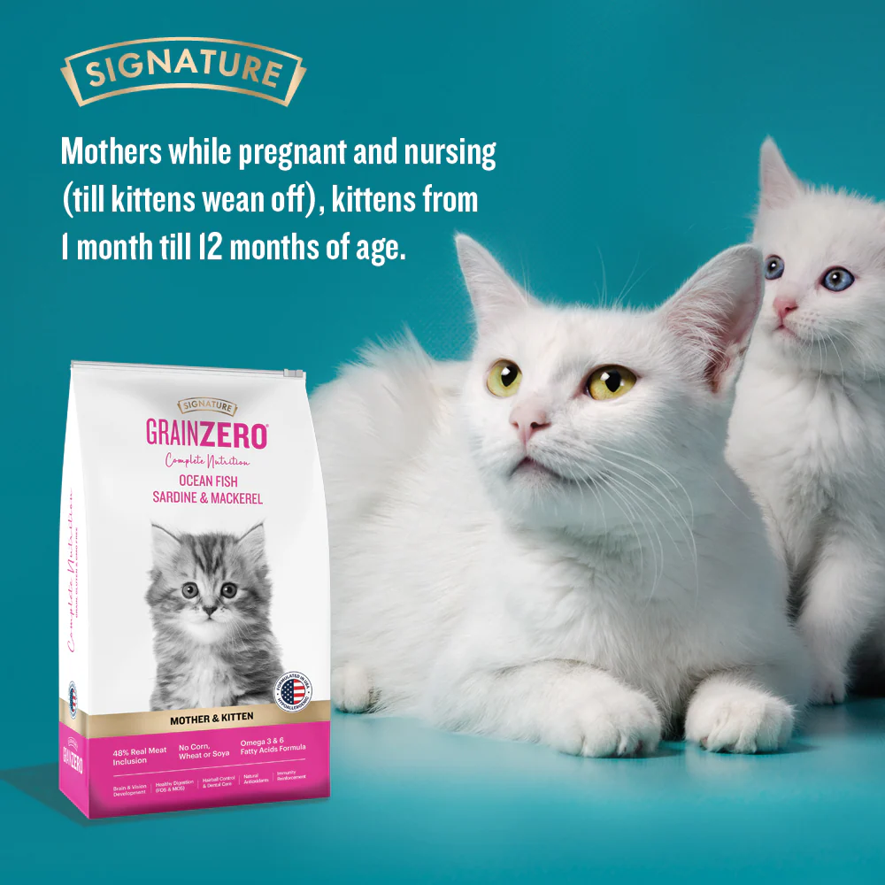 Signature Grain Zero Ocean Fish, Sardine and Mackerel Mother and Kitten Cat Dry Food and Grain Zero Chicken and Liver Lickable Creamy Cat Treats Combo - Image 8