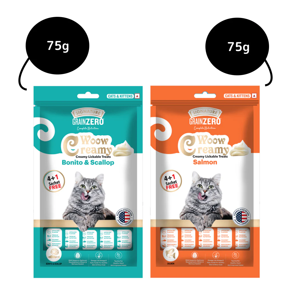 Signature Grain Zero Salmon and Bonito & Scallop Lickable Creamy Cat Treats Combo