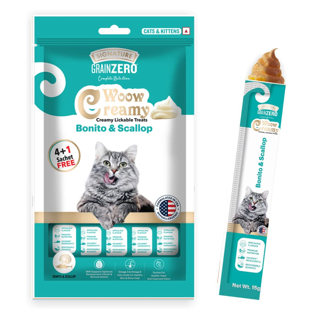 Signature Grain Zero Salmon and Bonito & Scallop Lickable Creamy Cat Treats Combo - Image 8