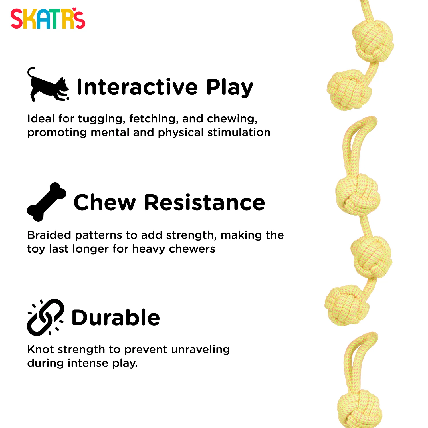 Skatrs 3 Ball Rope Tug Toy for Dogs and Cats (Yellow) - Image 3