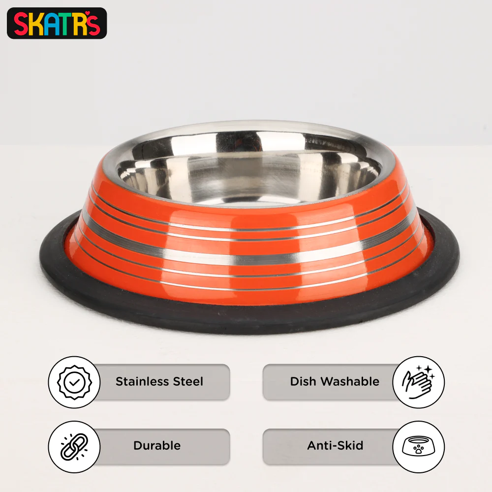 Skatrs Anti Skid Glossy Striped Bowl for Dogs and Cats (Orange) - Image 3