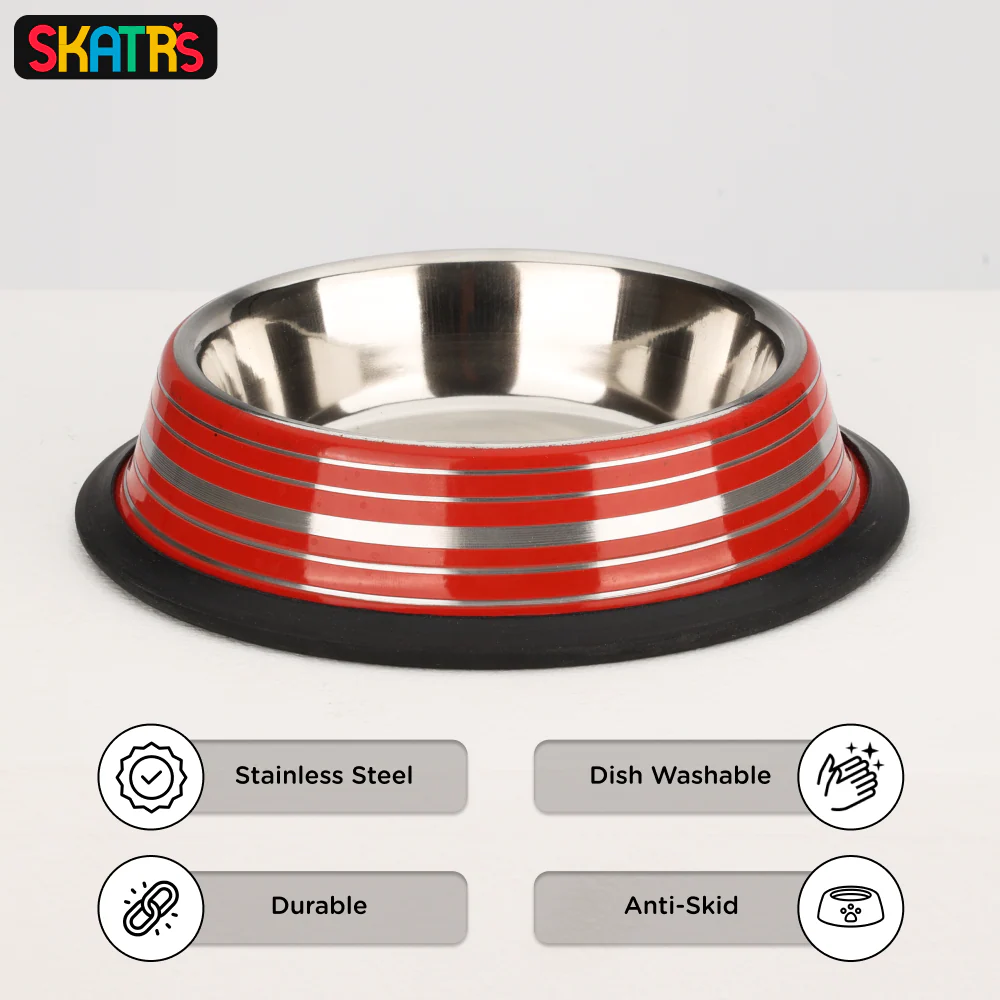 Skatrs Anti Skid Glossy Striped Bowl for Dogs and Cats (Red) - Image 3