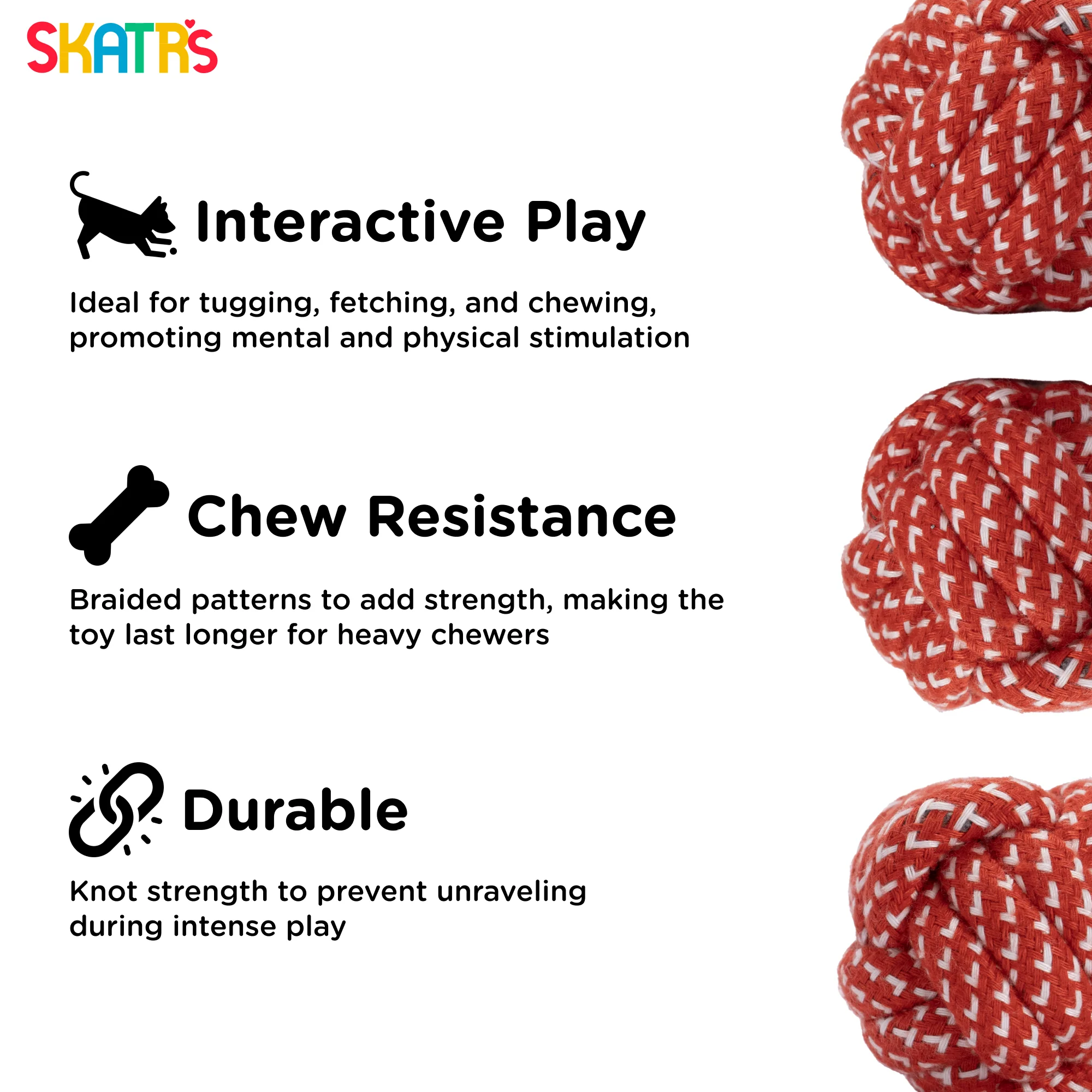 Skatrs Ball Shaped Rope Chew Toy for Cats & Dogs (Red/White) - Image 3