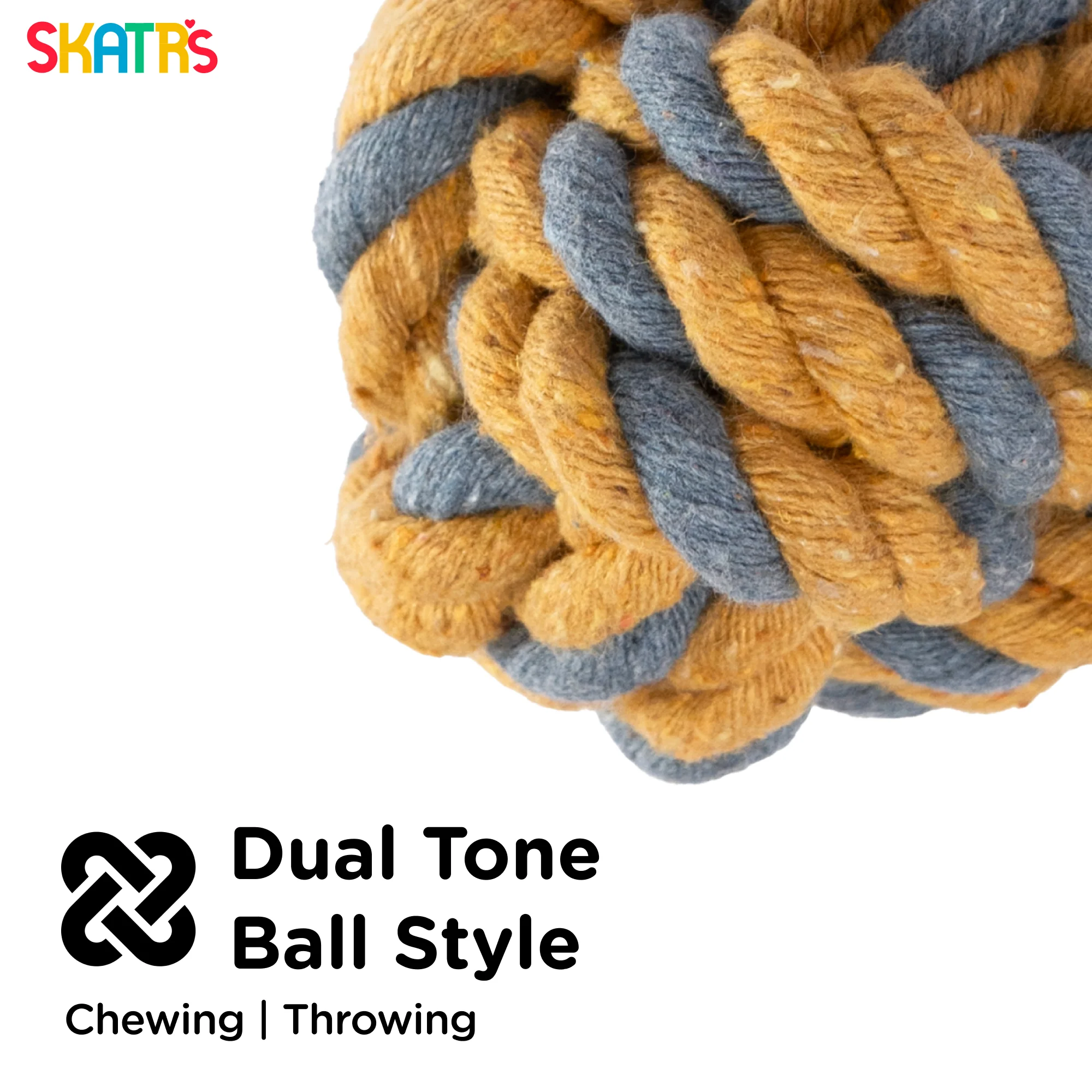 Skatrs Ball Shaped Twisted Rope Chew Toy for Dogs and Cats (Yellow/Grey) - Image 2
