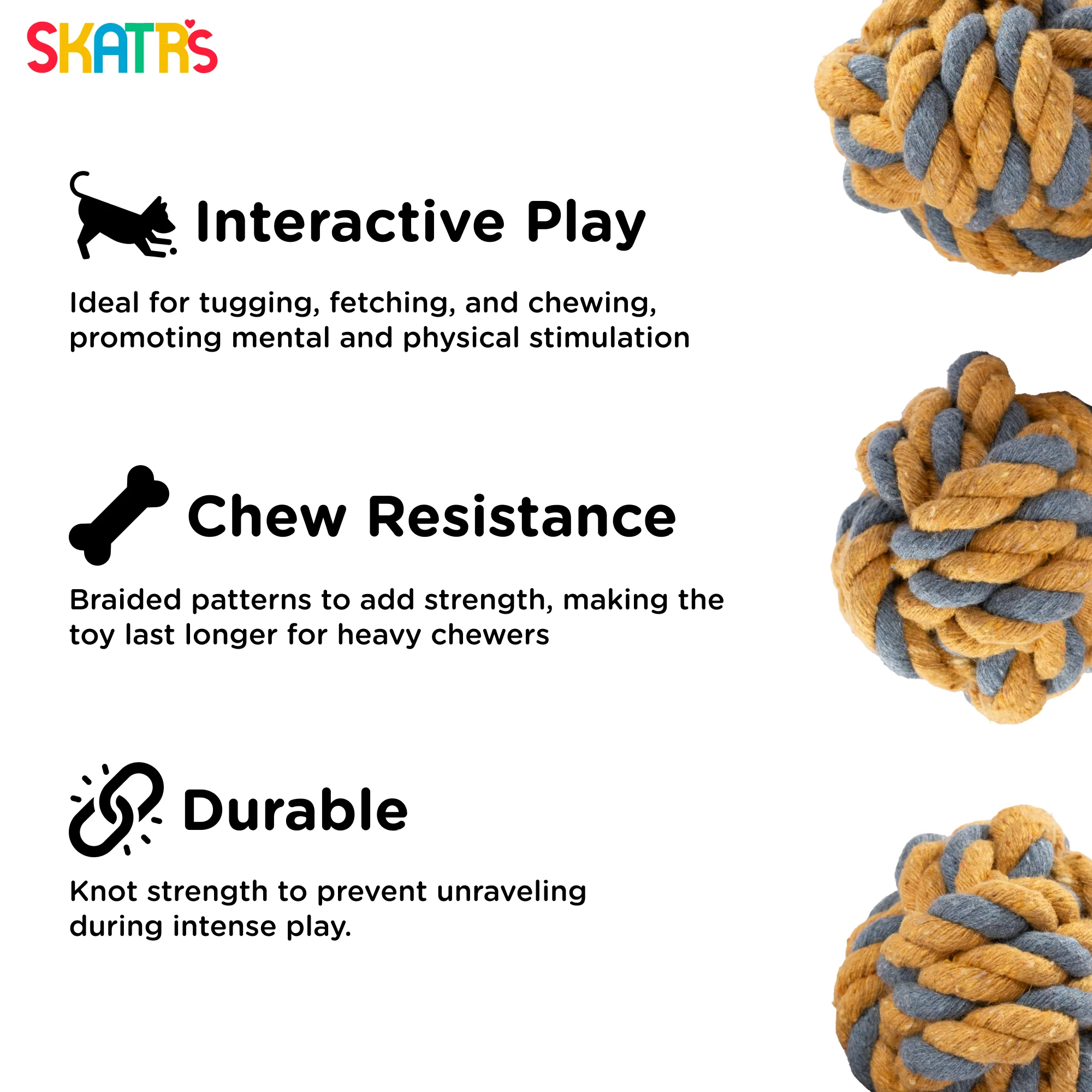 Skatrs Ball Shaped Twisted Rope Chew Toy for Dogs and Cats (Yellow/Grey) - Image 3
