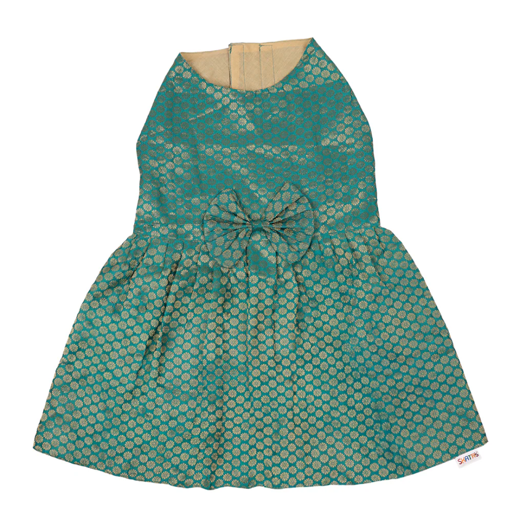 Skatrs Brocade Gold Printed Dress for Dogs and Cats (Teal) - Image 10